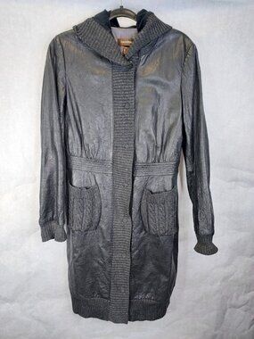 DANIER Leather Coat w Hood Women’s S Long Parka Knit Trim Pockets Black Retro